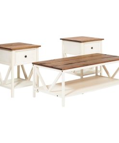 3-Piece Distressed Solid Wood Table Set, Rustic Oak/White Wash