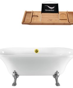 68" White Clawfoot Tub and Tray, Chrome Feet, Gold External Drain