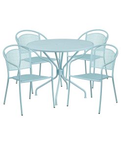 35.25" Round Sky Blue Indoor-Outdoor Steel Patio Table Set, 4 Round Back Chairs