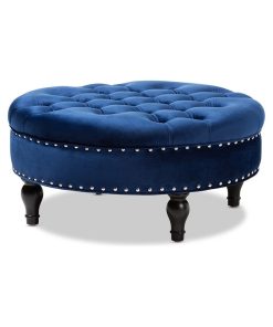 Transitional Blue Velvet Fabric Upholstered Button Tufted Cocktail Ottoman