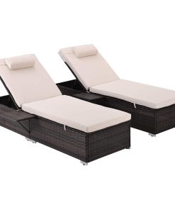 2 Pack Patio Chaise Lounge, Wicker Frame With Integrated Table & Adjustable Back