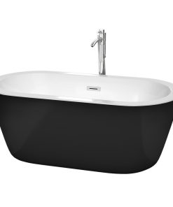 60" Freestanding Bathtub, Black, White Interior Drain, Overflow, Polished Chrome