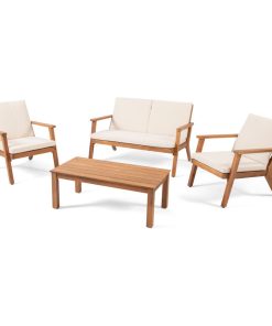 Temecula Outdoor Acacia Wood 4 Seat Chat Set With Cushions, Brown Patina Finish