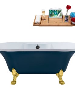 60" Streamline N106GLD-BGM Soaking Clawfoot Tub and Tray With External Drain