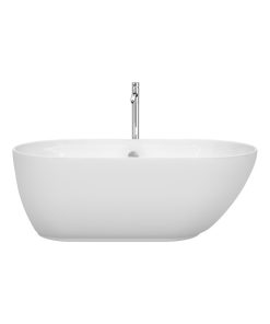 60" Freestanding Tub,White,Floor Mounted Faucet,Drain,Overflow,Polished Chrome