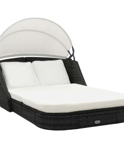 vidaXL Sun Lounger with Canopy Poly Rattan Black Double Seats Daybed Canopy