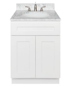 24" Bathroom Vanity, Cara White Marble Top, Faucet LB4B, Alpina White