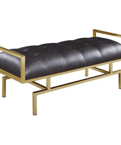 Unique Upholstered Bench, Geometric Golden Frame & Padded PU Leather Seat, Brown