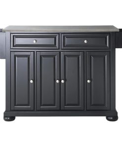 Unique Kitchen Islands, Bun Feet & Large Drawers With Stainless Steel Top, Black
