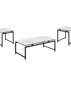 3 Piece Table Set With Faux Marble Top, White and Dark Gunmetal