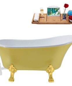63" Streamline N350GLD-WH Soaking Clawfoot Tub and Tray With External Drain