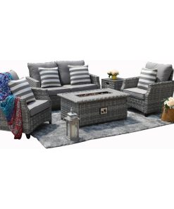 5-Piece All-Weather Wicker Patio Conversation Set with Gas Fire Pit Table, Gray