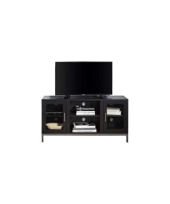 Unique TV Stand, 2 Glass Cabinet Doors & Cable Management, Black