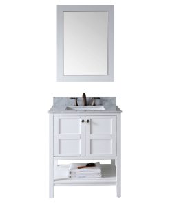 Virtu Winterfell 30" Single Bathroom Vanity, White With Marble Top, Mirror