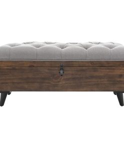 Unique Storage Bench, Dark Oak Wooden Base With Padded Button Tufted Seat, Grey