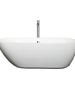 65" Freestanding Tub,White,Floor Mounted Faucet,Drain,Overflow,Polished Chrome