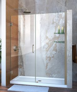Unidoor 55-56" W x 72" H Frameless Hinged Shower Door With Shelves, Nickel