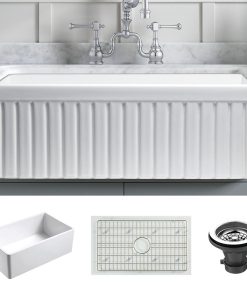Sutton Place Reversible Farmhouse Single Bowl Kitchen Sink, Grid, Strainer, 33"