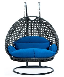 2 Person Charcoal Wicker Double Hanging Egg Swing Chair, Blue