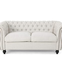 Traditional Chesterfield Loveseat, Beige Seat With Tufted Back and Scrolled Arms