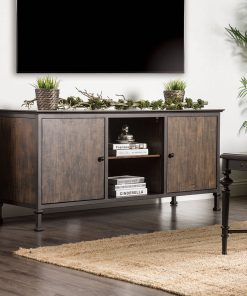 60" Wooden and Metal Frame TV Stand With 2 Open Shelves, Brown