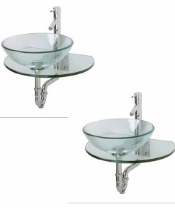 Wall Mount Tempered Glass Vessel Sink Round and Clear with Faucet and Drain