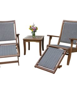 3-Piece Eucalyptus and Wicker Lounger Set With Ottoman and Square Accent Table