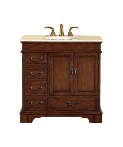 36 Inch Dark Brown Bathroom Vanity with Single Sink, Marble, Traditional
