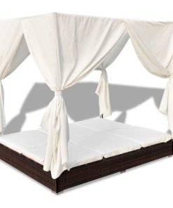 vidaXL Patio Sun Lounger Poly Rattan Wicker Brown Double Beds Curtain Seat