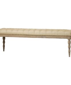 59" L Renee Bench Rustic Hand Crafted Oak Brass Nail Head Trim Tufted 100% Linen