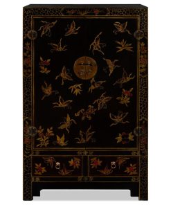 Vintage Distressed Black Oriental Elmwood Cabinet with Butterfly Motif