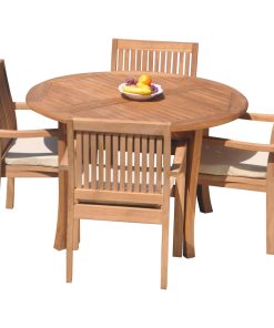 5-Piece Outdoor Teak Dining Set, 48" Round Table, 4 Leveb Stacking Arm Chairs