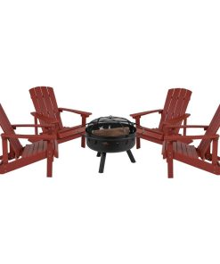 5 Piece Charlestown Red Poly Resin Wood Adirondack Chair Set with Fire Pit -...