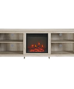 70" Wood Media TV Stand Console With Fireplace. White Oak
