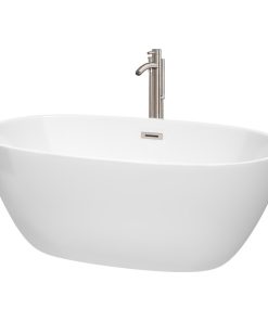 59" Freestanding Bathtub, White, Faucet, Drain, Overflow Trim, Brushed Nickel