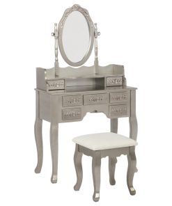 2 Piece Vanity Set with Seven Drawers, Metallic Silver and White