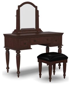 Traditional Vanity Set, Mahogany Wood Table With Mirror & Padded Stool, Cherry