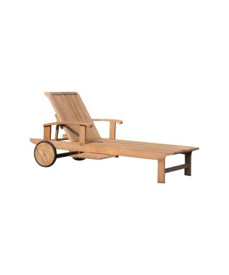 Teak Outdoor Patio Sack Chaise Lounger With Side Tray & Wheels, Set of 2