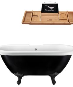 59" Black Clawfoot Tub and Tray, Black Feet, Chrome External Drain