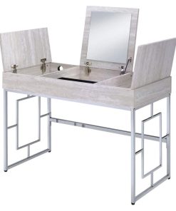 Vanity Table, Chrome Legs and 3 Hinged Top Compartments With Flip Up Mirror, Nat