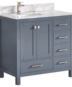 36" Vanity Wood Body With White Marble Left Side Sink With Mirror, Dark Gray