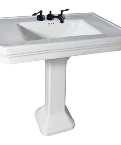 White Large Vitreous Victorian Pedestal Sink with Widespread Black Belle Faucet