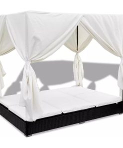 vidaXL Patio Lounge Bed w/ Curtains Poly Rattan Black Bed Seat Curtain Garden