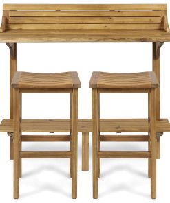 3 Pieces Patio Pub Set, Acacia Wood Construction With Natural Stained Finish