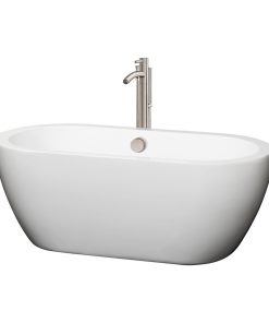 60" Freestanding Tub, White, Floor Mounted Faucet, Overflow, Brushed Nickel