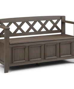 Transitional Storage Bench, Hinged Lid & X-Shaped Patterned Back, Farmhouse Grey