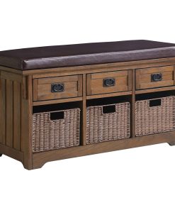 Traditional Storage Bench, Cushioned Leatherette Seat With Baskets and Drawers