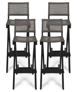 Ula Outdoor Folding Acacia Wood Barstools, Set of 4, Dark Gray/Brown