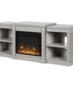 Unique TV Stand, Crown Molded Top With Raised Center Shelf and Fireplace, Grey