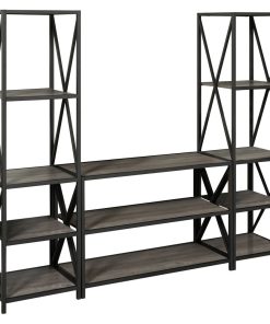 3-Piece Rustic Industrial Bookcase Set, Gray Wash